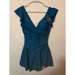 NWT Teal Ruched Swim Dress Ruffle V Neck One Piece Bathing Suit size large
